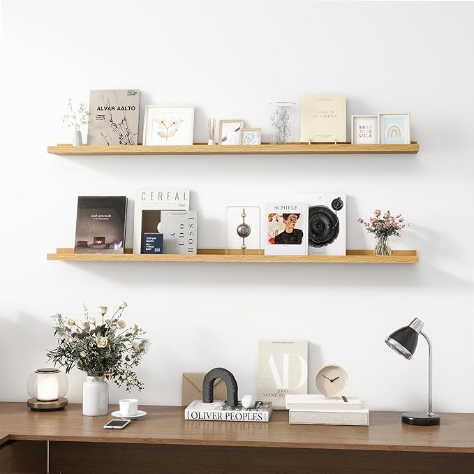 Picture Ledge Shelf, Wood Long Floating Shelves for Wall, Set of 2, 56 inch Picture Ledge Shelves, Photo Ledge Nursery Book Shelves Wall Mounted for Living Room Kids' Room Bedroom, Color Oak-Ruum Studio Home
