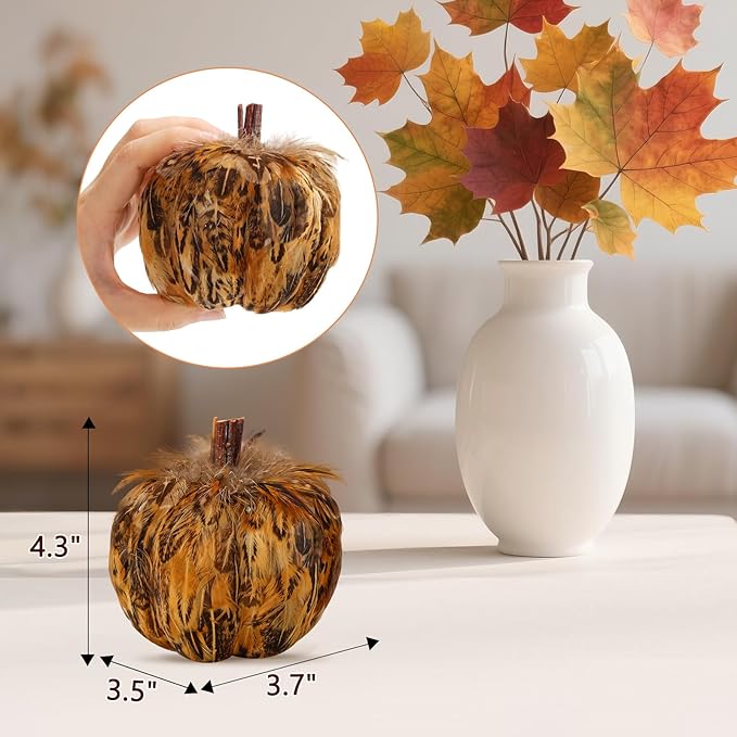 naturevibe 4.3 Inches Elegant Feathered Pumpkin Decor Set of 4 for Thanksgiving Decorations, Natural Feather Pumpkins as Fall Home Decor,Centerpieces for Tables or Autumn Harvest Gifts-Ruum Studio Home