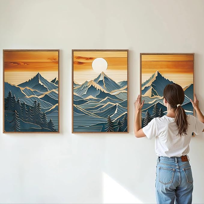 Tinonedraw Vintage Mountain Framed Canvas Wall Art Set of 3, Boho Nature Wilderness Art Prints, Mid Century Modern Ridge Scenery Wall Decor, Sunrise Forest Woodcut Style Art Paintings for Living Room Bedroom, Office 16"x24"-Ruum Studio Home
