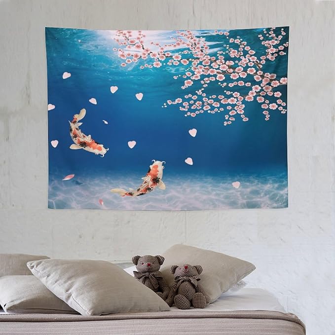 Japanese Koi Fish Tapestry, Cherry Blossoms Asian Oriental Blue Floral Branch Koi Fish Carp Tapestries Wall Hanging for Bedroom Living Room Office Decor 40"x30"-Ruum Studio Home