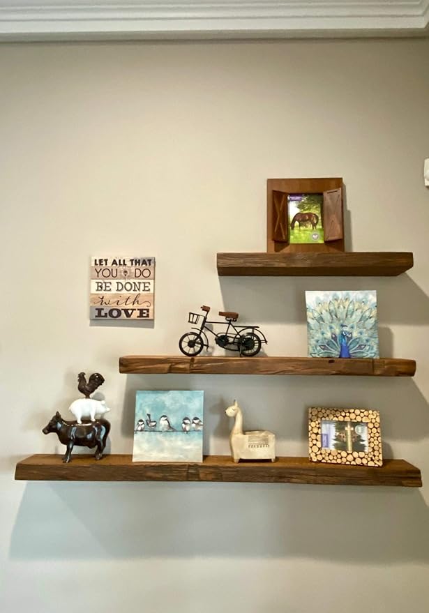joelsantiques Floating Shelf, Wood Wall Shelf, Natural Wooden Home Decor for Bathroom Kitchen Bedroom, Hanging Mounted Invisible Bracket (Medium Brown, 7" Deep x 36" Wide)-Ruum Studio Home
