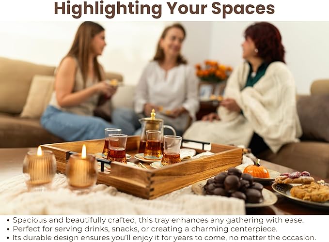 Acacia Wooden Ottoman Tray for Living Room – 21" Large Coffee Table Serving Tray with Handles & 6 Coasters Set, Perfect for Food, Drinks, Kitchen, and Home Decor-Ruum Studio Home