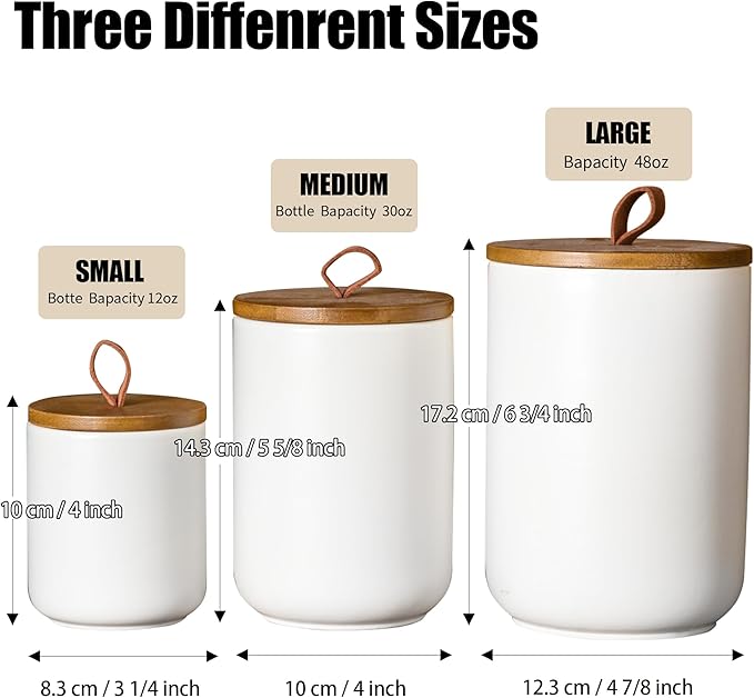White Canister Sets for Kitchen, 3pcs Ceramic Canisters with Airtight Wooden Lid, Food Storage Jar, Large Kitchen Storage Containers for Serving Coffee Beans, Tea, Sugar, Salt, Spices-Ruum Studio Home