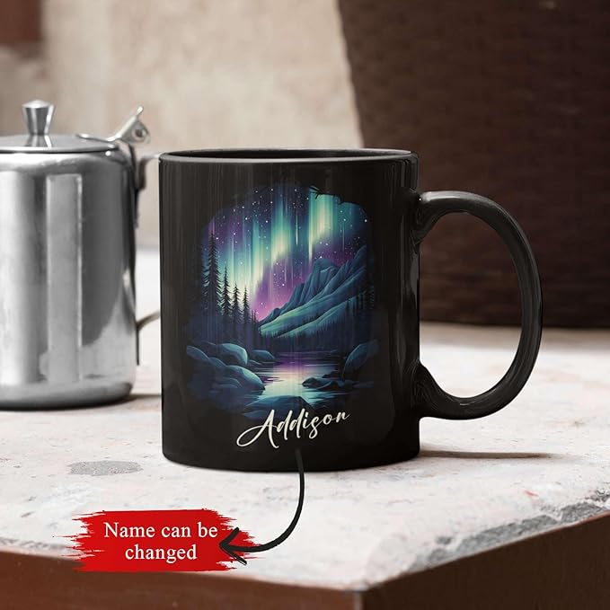 Customized Name Coffee Cup 11oz 15oz, Personalized Northern Lights Landscape Mug, Scenic Mountain And River Black Cup, Custom Northern Lights Inspired Ceramic Mug, Gift For Women-Ruum Studio Home