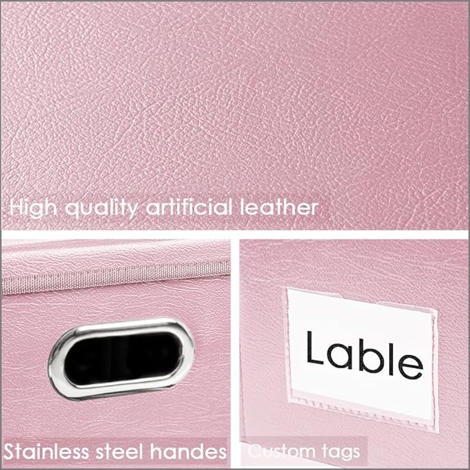 PRANDOM Collapsible Storage Bins with Lids [3-Pack] Leather Fabric Foldable Storage Boxes Organizer Containers Baskets Cube with Cover for Bedroom Closet Office Nursery Pink (14.9x10.8x10)-Ruum Studio Home
