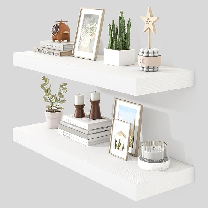 Heimlove 36 Inch Floating Shelves for Wall Set of 2,White Wall Shelves for Storage & Decor - Heavy Duty with Invisible Brackets,Perfect for Living Room,Bedroom,Home Office-Ruum Studio Home