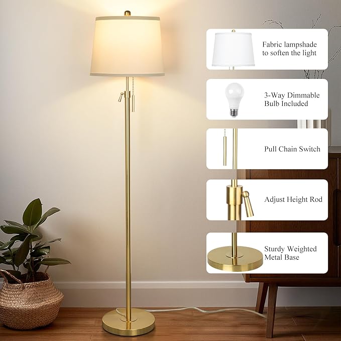 Gold Floor Lamp for Living Room, Tall Standing Lamp 55-65" Adjustable Modern Brass Floor Lamps for Bedroom Reading Office Kids 3 Color Lights Corner Night Stand (9W LED Bulb, White Shade)-Ruum Studio Home