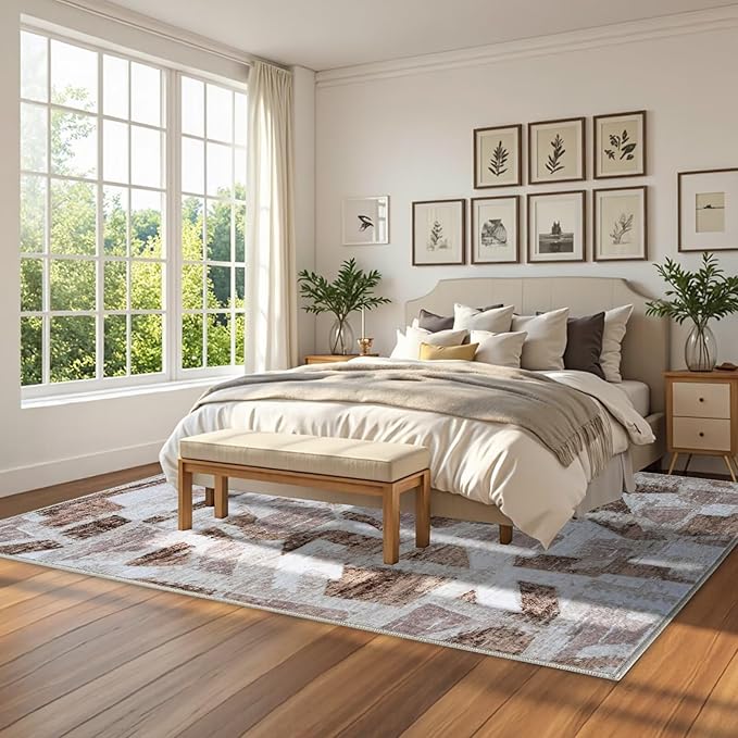Modern Abstract 8X10 Area Rug for Living Room Bedroom Washable, Non-Slip Rubber Backing Print Faux Wool Thin, Brown Throw Large Carpet for Kids Playroom Dining Room Pet & Child Friendly-Ruum Studio Home