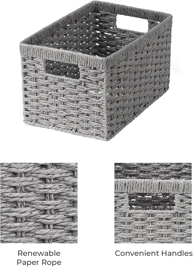 StorageWorks Round Paper Rope Storage Baskets, Rectangular Wicker Baskets with Built-in Handles, Gray, 2-Pack-Ruum Studio Home