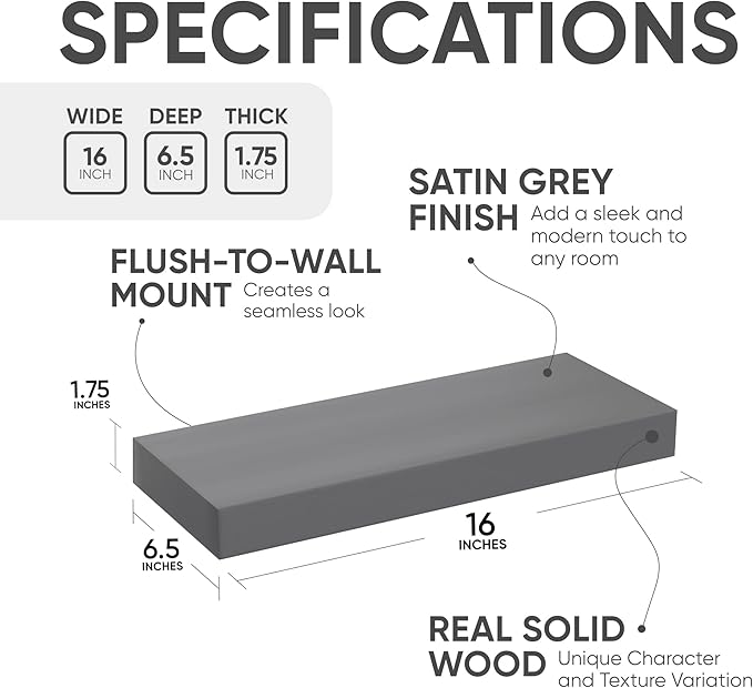Homeforia Gray Floating Bathroom Shelves, High End Solid Real Wood 16 inch Small Floating Shelf for Wall Mounted, Grey Wooden 16 in Floating Shelves, Heavy Duty Bracket, 16 X 6.5 X 1.75 inch, Set of 2-Ruum Studio Home