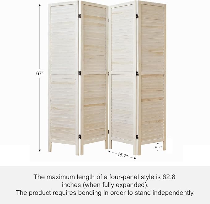 White Room Divider, Temporary Wall with Double Hinges, 5.6 Ft Tall Folding Louver Wood Screen for Home Office Bedroom Hotel Decoration (4 Panels, White-Washed)-Ruum Studio Home