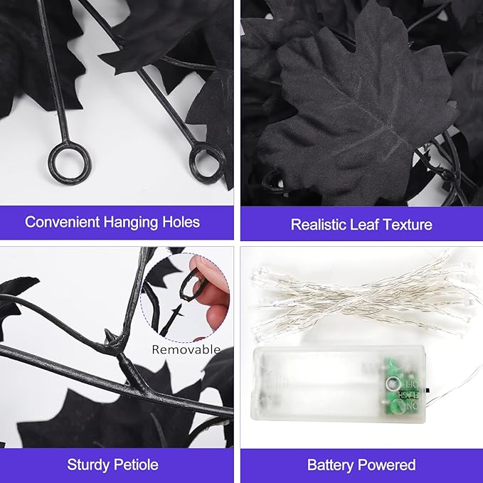 Joyhalo 2 Pack Halloween Garland with Lights, Black Maple Leaves Lighted Garland for Mantle, 5.7FT Light Up Leaf Autumn Vines Outdoor for Door Frame, Fireplace and Thanksgiving Fall Decor-Ruum Studio Home