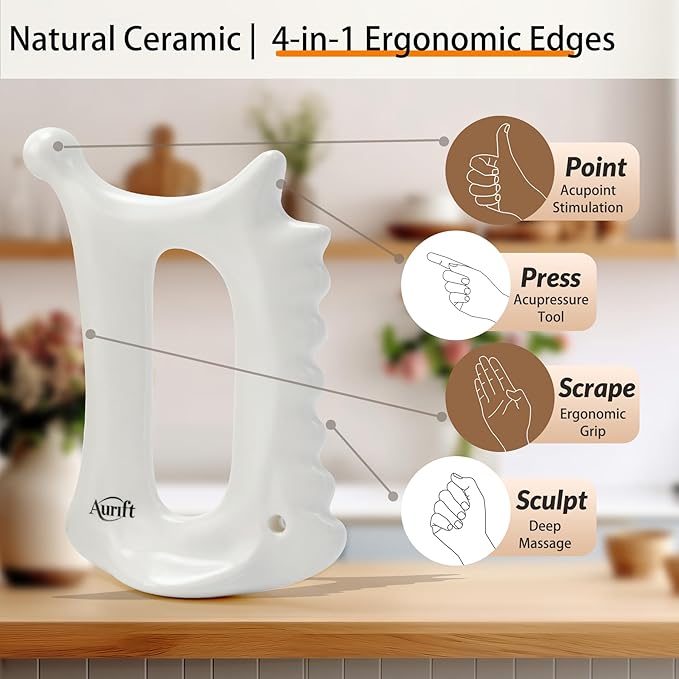 6-in-1 Ceramic Gua Sha Tool for Face & Body - Manual Facial Massage for Lymphatic Drainage, Jaw Lifting, Puffiness Care, Neck Massage for Stress Relief at Home, Self Care Gift for Mum Wife White-Ruum Studio Home
