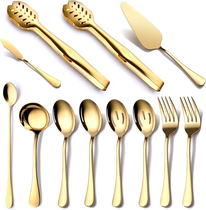 Gold Serving Utensils, OGORI 12-Piece Stainless Steel Serving Utensils Include Serving Spoons, Slotted Spoons, Serving Tongs, Serving Forks, Butter Knife, Stirring Spoon, Soup Ladle, Pie Server-Ruum Studio Home
