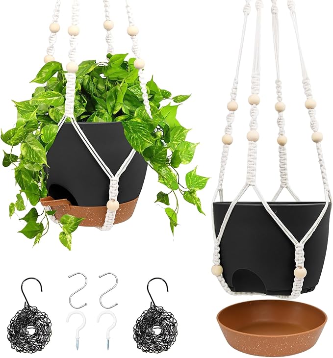 Hanging Planters for Indoor Outdoor Plants, 2 Pack Self Watering Hanging Pots, Hanging Plant Baskets with Drainage Holes & 2 Types of Plant Hangers (Black, 6'')-Ruum Studio Home
