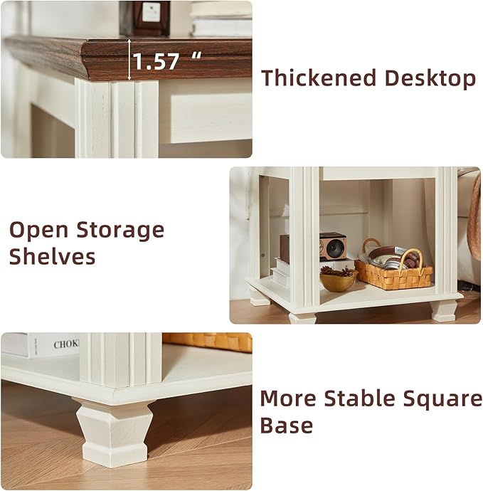 Farmhouse End Table Set of 2,Large Side Table with 2-Tier Storage Shelf,Rustic Wood End Tables for Living Room,Square Tea Table,White-Ruum Studio Home