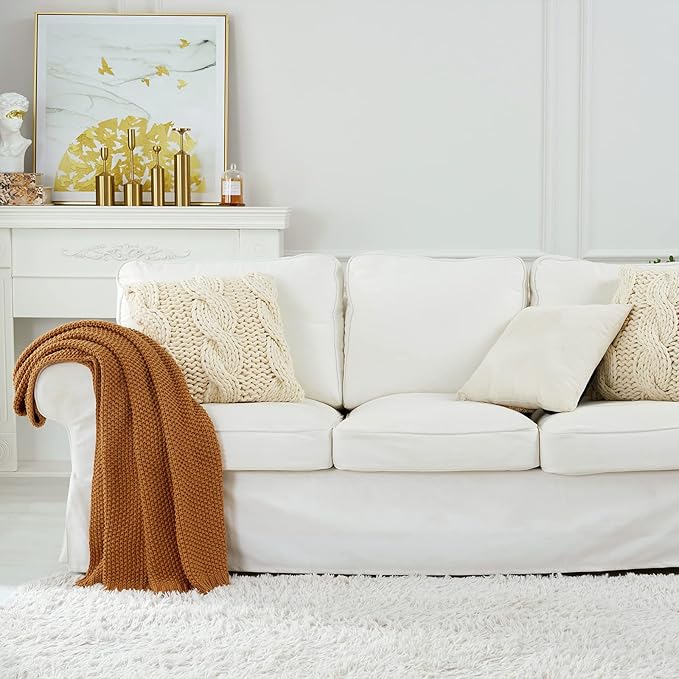 Chunky Cable Knit Throw Blanket Lightweight Burnt Orange 100% Organic Cotton Blanket for Sofa Couch Bed Baby Nursery, Rustic Shabby Chic Modern Farmhouse, 60” x 80” Give Laundering Bag-Ruum Studio Home