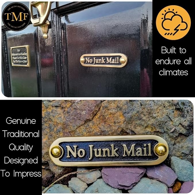 No Junk Mail Metal Brass Door Sign. Traditional Style Home Décor Wall Plaque Handmade By The Metal Foundry UK.-Ruum Studio Home