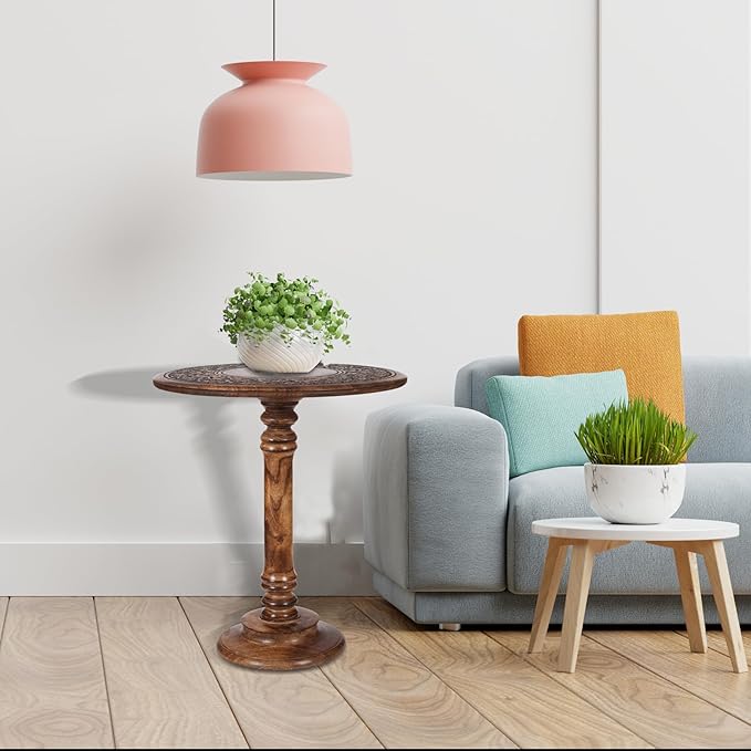 Lightnpro Hand Carved Solid Mango Wood Round Pillar Accent Table - 18" × 22" Rustic Farmhouse Side End Table | VintageRustic Boho Nightstand for Living Room, Bedroom & Entryway-Ruum Studio Home