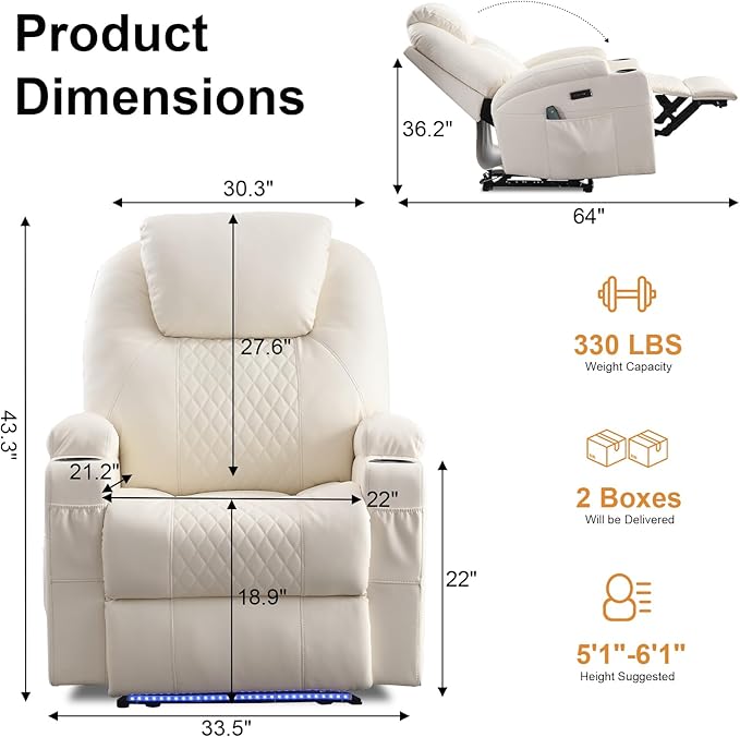 AHMED Power Recliner Chair with Vibration Massage & Heat for Adults, Faux Leather Home Theater Seating with Cup Holders/LED Lights/USB Ports/Side Pockets for Living Room, Beige-Ruum Studio Home