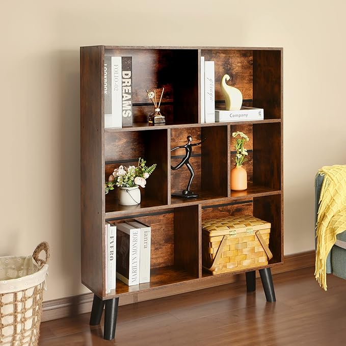 LEYAOYAO Cube Bookshelf 3 Tier Mid-Century Rustic Brown Modern Bookcase with Legs,Retro Wood Bookshelves Storage Organizer Shelf,Freestanding Open Book Shelves for Bedroom,Living Room,Office-Ruum Studio Home