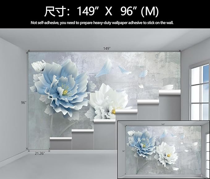 WFBHUA-Blue Floral Wallpaper Mural Modern Peony Flower Wallpaper Large 3D Art Living Room Bedroom Bathroom Wall Mural Decor (Not Peel and Stick)-Ruum Studio Home