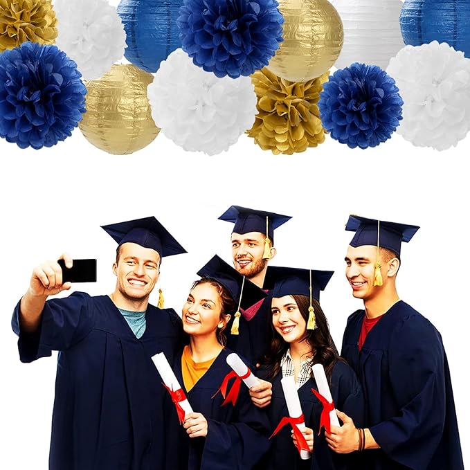 Navy-Blue Gold Party-Decorations Paper-Flowers Lanterns - 15PCS Royal White Baby Bridal Shower Tissue Pom Poms Streamers, Bachelorette Birthday Wedding Graduation Hanging Supplies Decor Hugfond-Ruum Studio Home