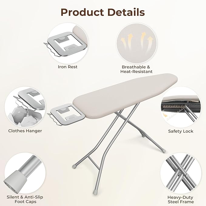 Yaheetech Foldable Ironing Board, Heavy Duty Iron Board with 9 Adjustable Heights, 4 Layer Cover and Safety Iron Rest, 52X14 Compact and Space Save Iron Board for Home Laundry Room Use, Beige-Ruum Studio Home