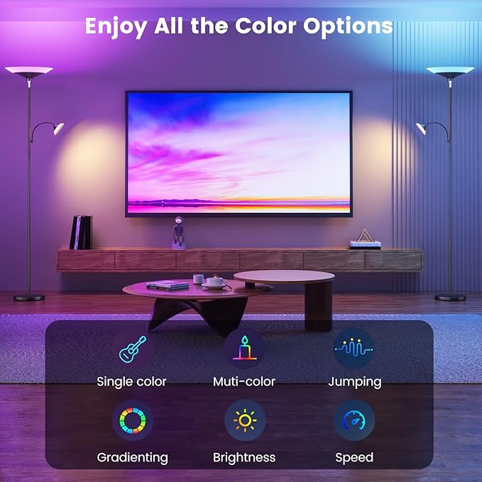 RGB Torchiere Floor Lamp - 2 Way Dimmable LED Standing Lamp with Remote&Button Control, 34W Rotatable Floor Reading Light, 72'' Tall Modern Corner Lamp for Living Room Bedroom Office, Black-Ruum Studio Home