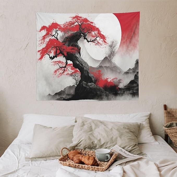 Cherry Blossoms Tapestry,Japanese Red Landscape Asian Watercolor Abstract Art Tapestry,Japanese Wall Tapestry, Nature Landscape Tapestries for Bedroom Living Room Decor 60"x50"-Ruum Studio Home