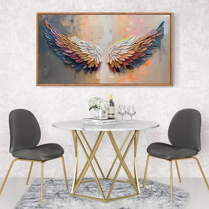 Aurlan Angel Wings Hand Painted Framed Wall Decor(40"x20"), Large Abstract Colorful Feather 3D Textured Oil Painting Canvas Artwork, Modern Contemporary Inspirational Wall Art for Living Room Bedroom-Ruum Studio Home