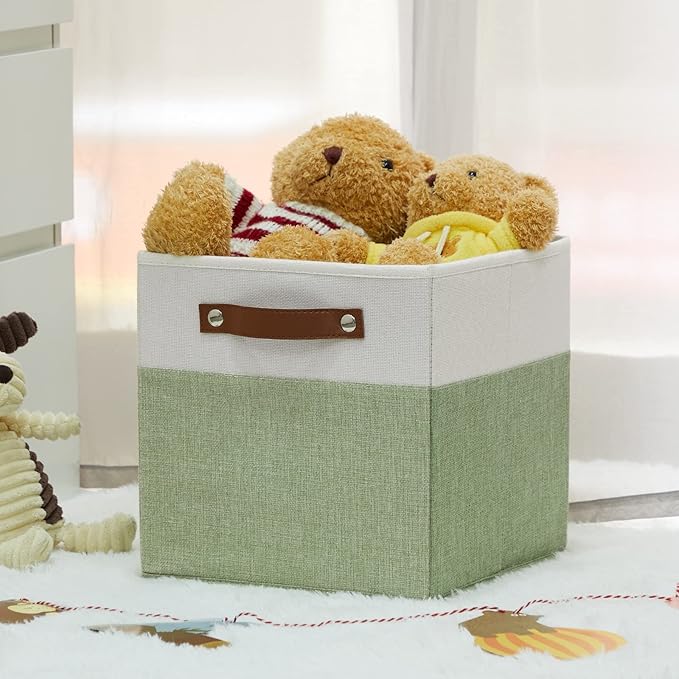 HNZIGE Fabric 11x11 Cube Storage Bins, Set of 4, Foldable Storage Cube Bin Baskets for Shelves with Handles, Bins for Cube Organizer Home Toy Nursery Closet(Green White)-Ruum Studio Home