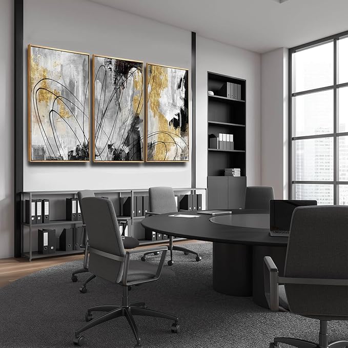 YJYart Gold Wall Art Abstract Wall Art Living Room Decor Black and White Canvas Picture Home Decor Wooden Frame Line Paintings Modern Artwork Office Decor 24"x 36"x 3 Pieces-Ruum Studio Home