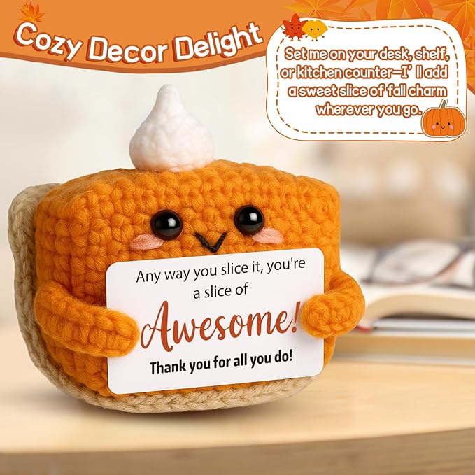 Crochet Pumpkin Pie – Fall Decor Handmade Knitted Mini Thank You Gift, Cute Appreciation Gift for Women, Daughter, Grandma Teacher, Coworker, Employee, Volunteer, Thanksgiving Desk Decor-Ruum Studio Home