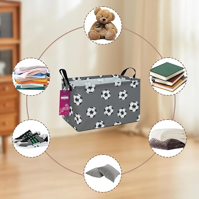 Rectangular Storage Basket Fabric Organizer Bin for Toys,Books,Clothes,Gifts,Pets-Perfect for Home,Office,Nursery,Dorm,Shelf(Rec-grey football )-Ruum Studio Home