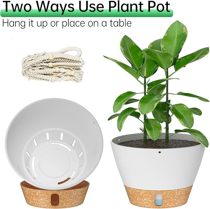 ZMTECH 2 Pack 10 Inch White Hanging Planters with Macrame Plant Hanger for Indoor and Outdoor Plants, Self Watering, Drainage Hole, Visible Level Tray-Ruum Studio Home