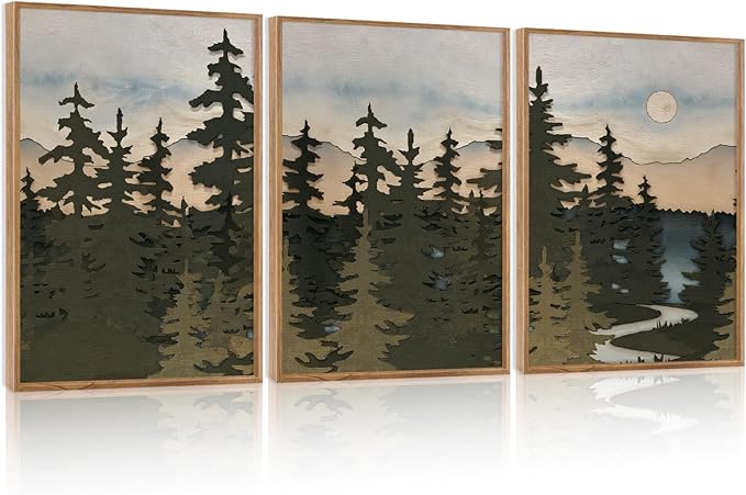 HPNIUB Vintage Mountain Framed Canvas Wall Art Set, Boho Sunrise Art Prints, Forest Nature Wilderness Art Paintings, Abstract Farmhouse Pine Tree Wall Decor for Living Room Bedroom, Office- 16"x24"x3-Ruum Studio Home