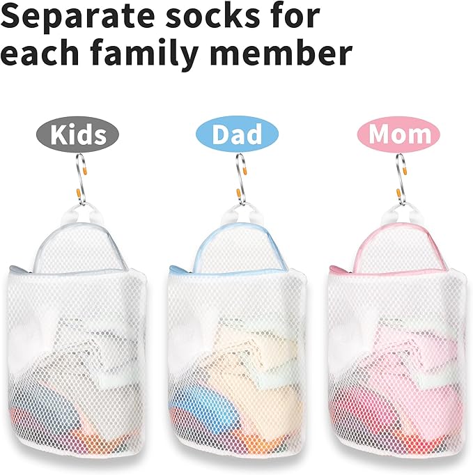 3Pcs Hanging Laundry Bags for Socks with S Hooks, 3 Color Mesh Laundry Bags for Washing Machine-Ruum Studio Home