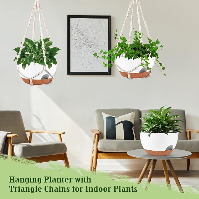 Hanging Planters for Outdoor Indoor Plants, 2 Pack 12 Inch Hanging Basket Plants Outdoor, Self Watering Hanging Planter with Plant Hanger for Garden Home Decoration (2 Type Plant Hangers White)-Ruum Studio Home