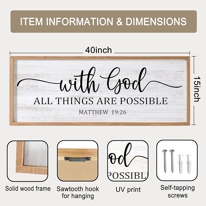 With God All Things are Possible Framed Wall Art, 40''×15'' Natural Religious Rustic Bible Verse for Christian God Jesus Christ Prayer, Holy Positive Horizontal Inspirational Catholic Scripture Decor-Ruum Studio Home