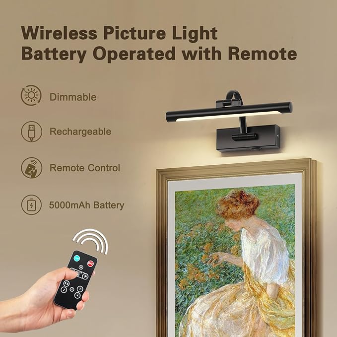 Battery Operated Picture Lights for Wall Black Art Light Wireless Gallery Lights with Timer and Remote 12 Inch 2W Warm White-Ruum Studio Home