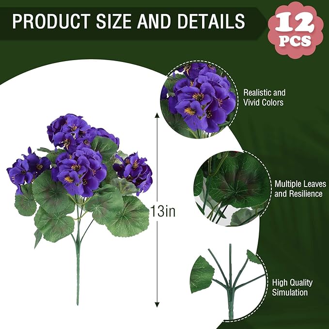 Hananona 12 Pcs Artificial Geranium Flowers for Outdoors Silk Purple Geranium Flowers Outdoor UV Resistant Plants Faux Flower for Home Kitchen Table Centerpieces Front Door Patio Decor (12, Purple)-Ruum Studio Home