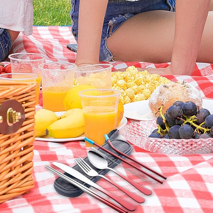 Travel Utensils Set with Case Reusable Portable Cutlery Set Stainless Steel 8pcs Including Dinner Knife Fork Spoon Chopsticks straws (Gradient Red)-Ruum Studio Home