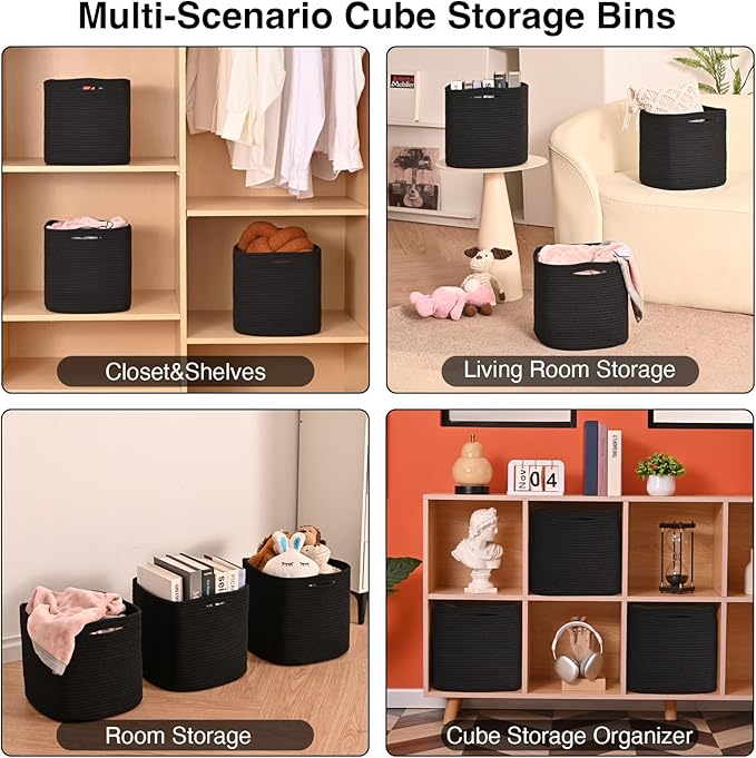 11 Inch Cube Storage Bins, Storage Cube Organizer Bins, Woven Cotton Rope Basket for Storage, Storage Baskets for Organizing Shelves, Square Baskets for Toys, Black (Pack of 3)-Ruum Studio Home