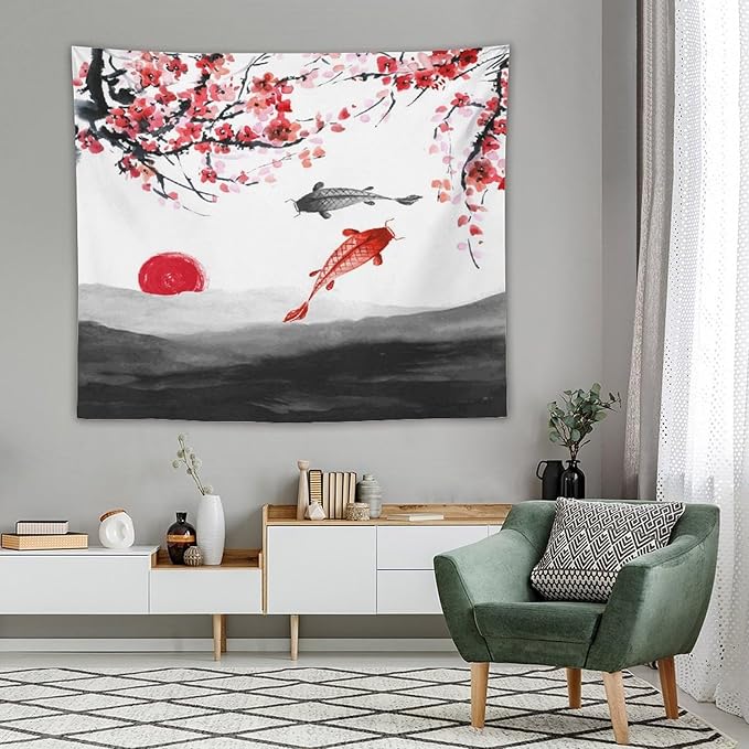 Houselerax Japanese Koi Fish Tapestries, Cherry Blossoms Asian Oriental Flower Branch Koi Fish Carp Tapestry Wall Hanging for Bedroom Living Room Office Decor 60"x50"-Ruum Studio Home