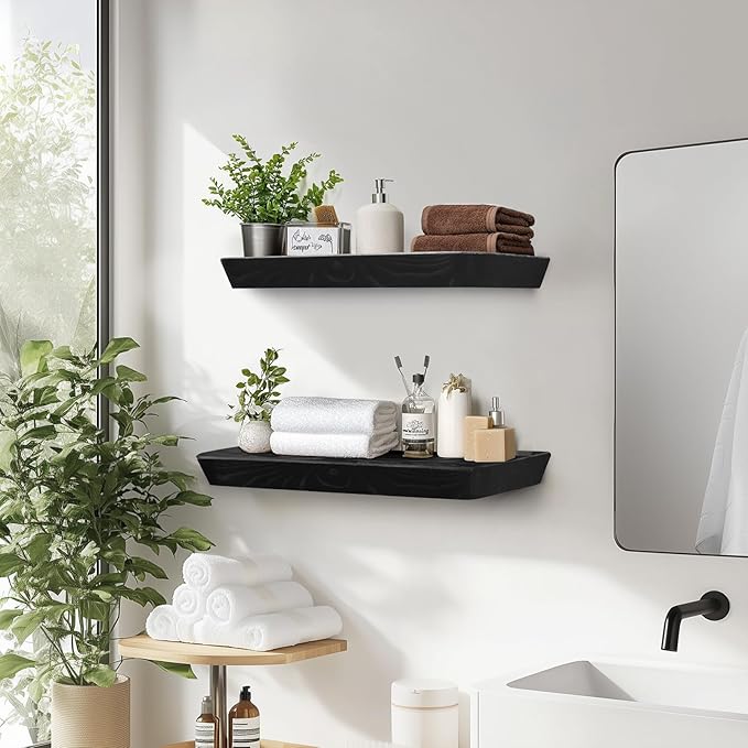 16"x6.8"x1.6" Slanted Floating Wall Shelves 2-Pack - Rustic Black Finish, Heavy-Duty Solid Wood Design with Hidden Brackets - Perfect for Living Room, Kitchen, Bathroom, or Office-Ruum Studio Home
