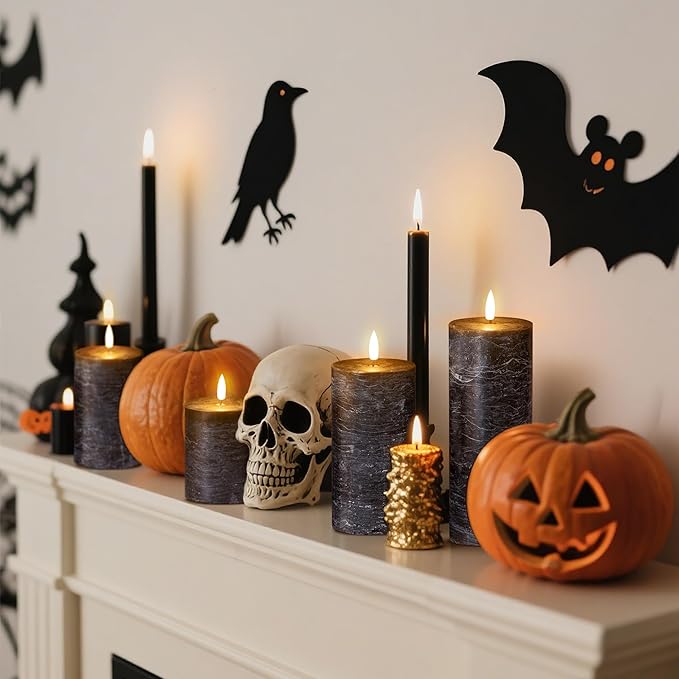 Halloween Flameless Candles, 4 Pack Battery Operated Halloween Candles with Remote, Wax LED Fake Pillar Candles Fireplace/Shelf Decor D3 H 5" 6" 7" 9" Black-Ruum Studio Home