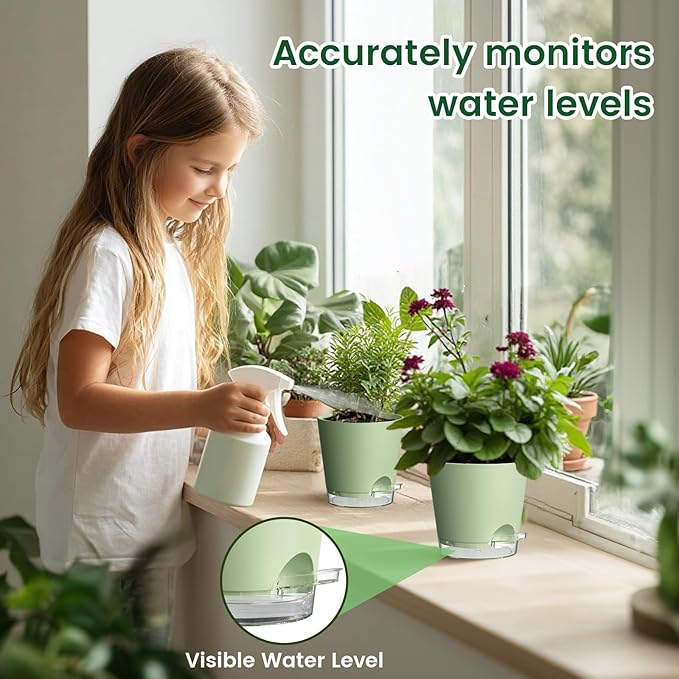 6 inch Self Watering Pots for Indoor Outdoor Plants, 3 Pack Flower Plant Pots with Drainage Holes and Clear Reservoirs, Visible Water Level, Plastic Planters with Wicking Rope, Green-Ruum Studio Home