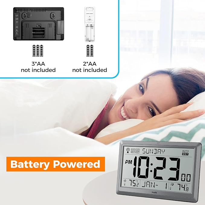 Wall Clock Atomic with Indoor Outdoor Temperature Battery Powered, Easy Reading with 10.5 Inch Large LCD Display, 330FT Range Table Wall Clock With DST, 12/24 Hour for Living Room Kitchen (Silver)-Ruum Studio Home