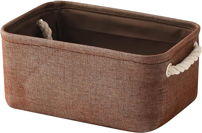 TheWarmHome Small Fabric Canvas Storage Bin with Cotton Rope Handles - Foldable Empty Basket for Gift (Brown-1 Pack,11.8L7.9W5.2H inch)-Ruum Studio Home